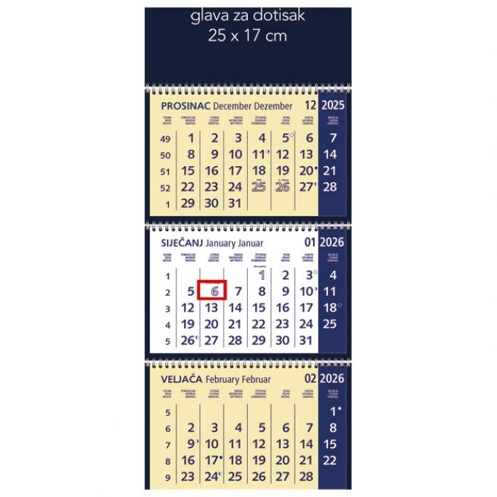 Kalendar zidni trodijelni 2026. s 3 spirale plavi