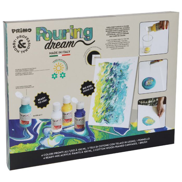 SET BOJA AKRILNA ZA TEHNIKU IZLIJEVANJA 100ML 4BOJE POURING PLUS 2PLATNA PLUS KIST PRIMO PAINTSET3