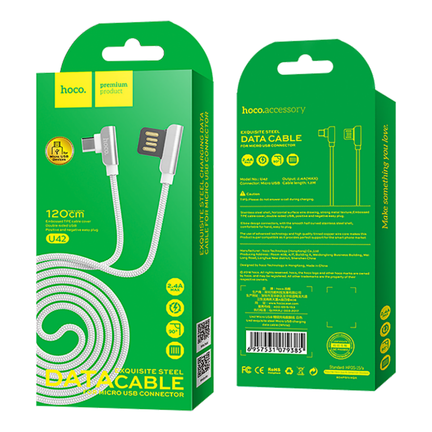 hoco. USB kabel za smartphone, micro USB, 1.2 met., 2.4 A, bijela - U42 Exquisite steel, Micro USB, WH
