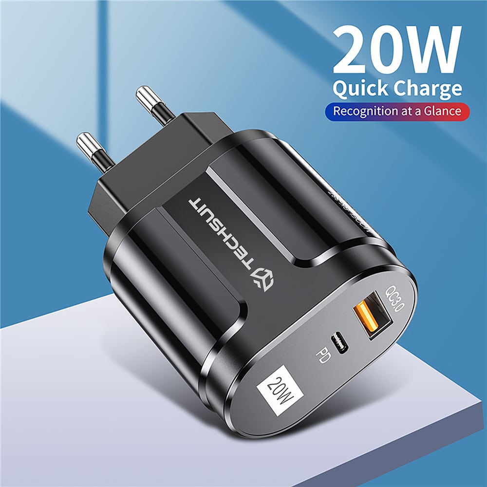 Techsuit - Zidni punjač Premium (CHPD038) - USB-A, QC 3.0, USB-C, 20 W - crni