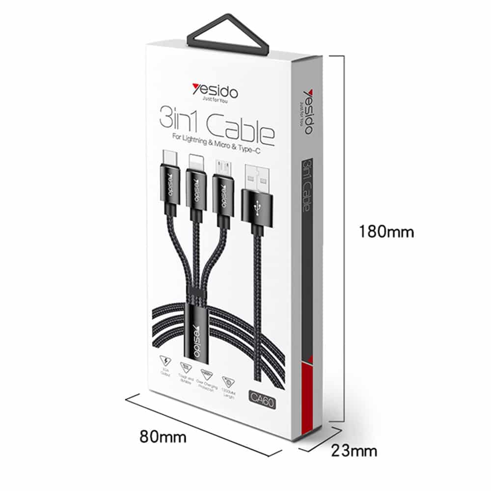 Yesido - Podatkovni kabel (CA-60) - 3u1 USB na Type-C-Lightning - Micro USB 60W 3A 1.2m - crni