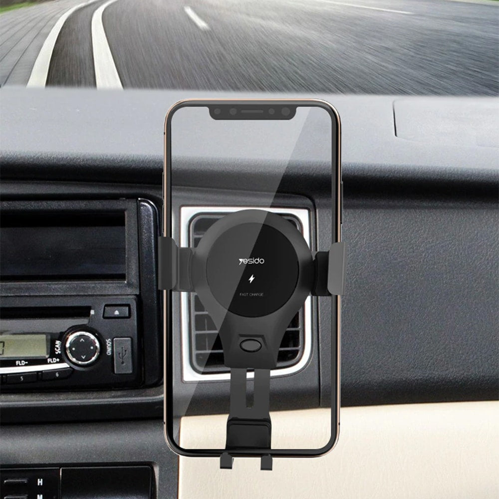 Yesido - Auto držač s bežičnim punjenjem (C45) - Gravitacijska ručka za ventilacijski otvor, 10 W - crna