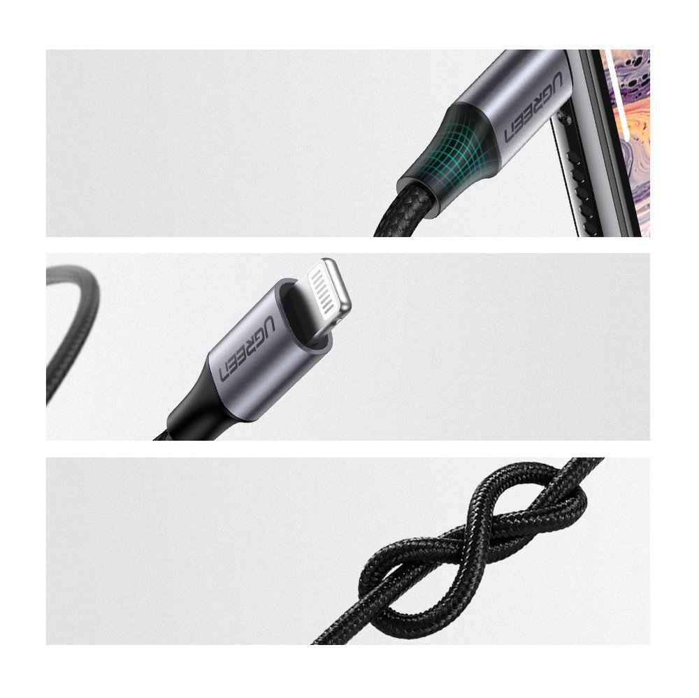 Ugreen - Audio kabel s aluminijskim omotačem (70509) - Lightning to Jack 3,5 mm, MFi certificiran, 1 m - crni