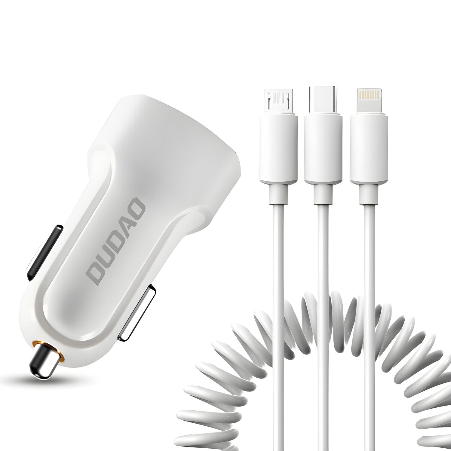 Dudao punjač za auto 2x USB 2.4A + USB kabel 3v1 Lightning / Type C / micro USB kabel (R7) - Bijela KP14093