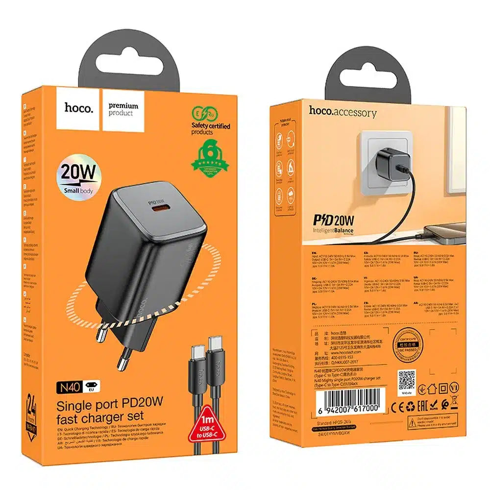 HOCO zidni punjač Type C + kabel Type C na Type C QC PD 20W N40 crni