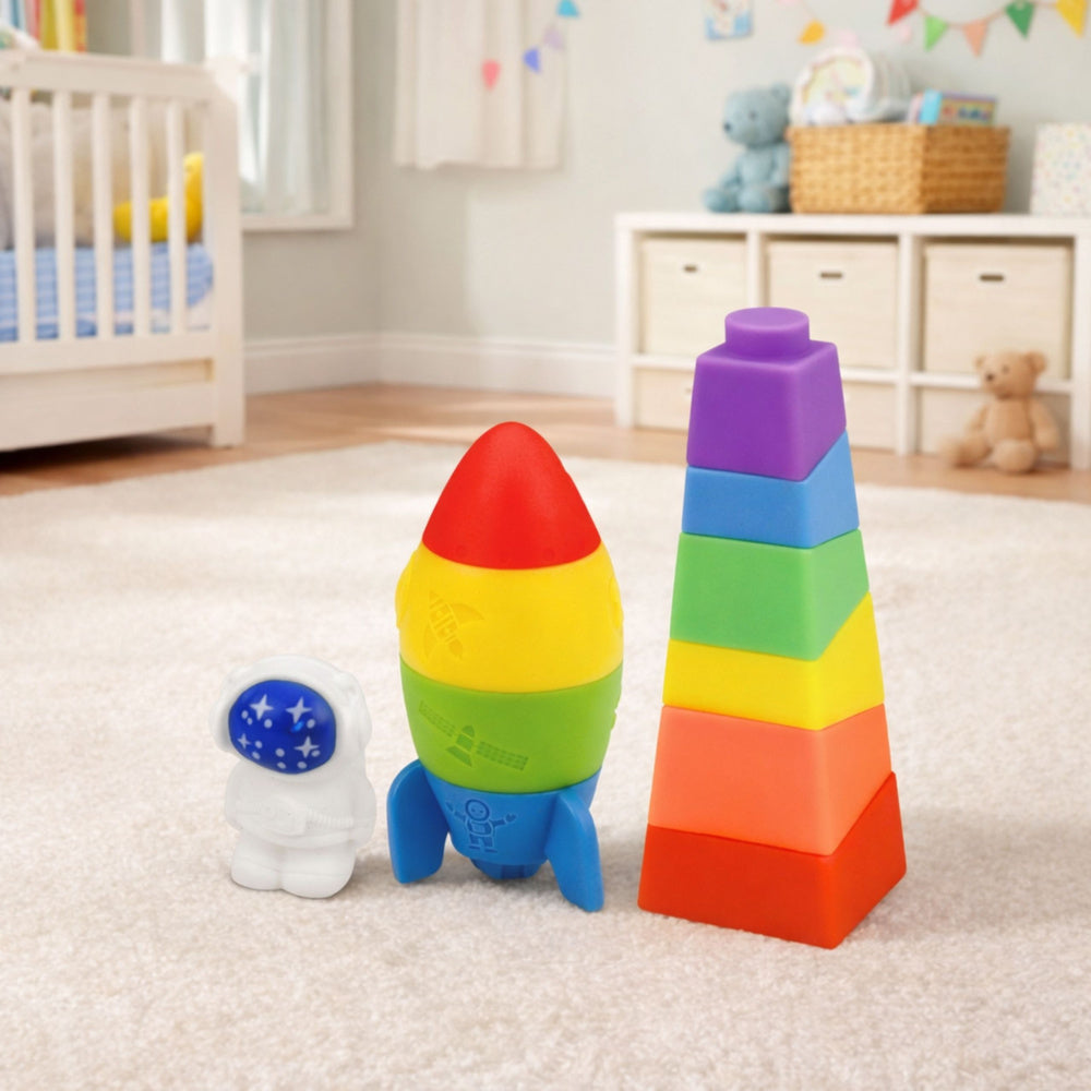 Set of Rubber Blocks Tower Rocket Cosmonaut Colorful 11 ​​pcs.