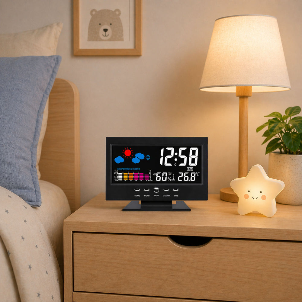 Digitalni sat s LED zaslonom, termometrom i higrometrom - crni