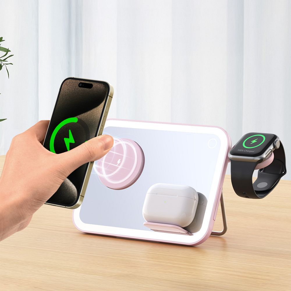 Forcell F-ENERGY Mag Mirror 3 u 1 bežični punjač od 15 W kompatibilan s MagSafe ružičaste boje