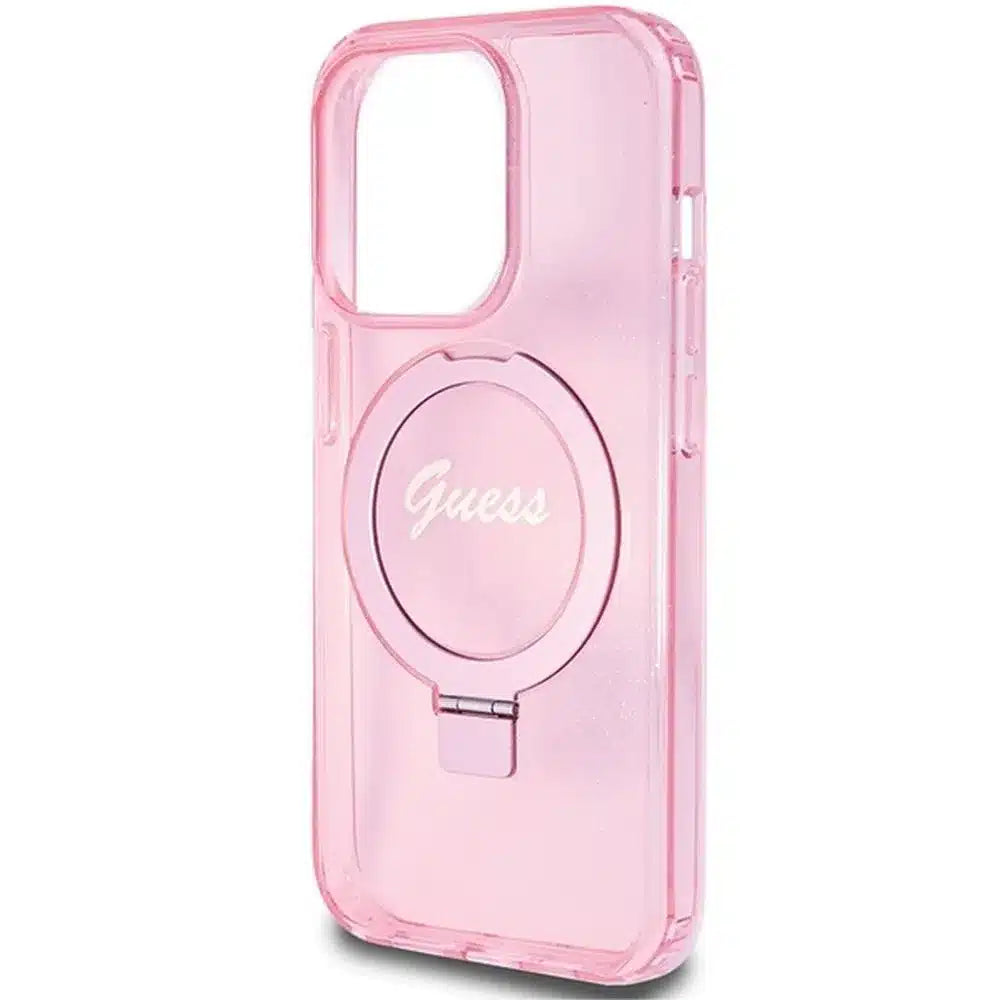 Originalna GUESS Hardcase GUHMP15XHRSGSP torbica za iPhone 15 Pro Max (Magsafe / Glitter Script Logo / stalak za prsten / pink)