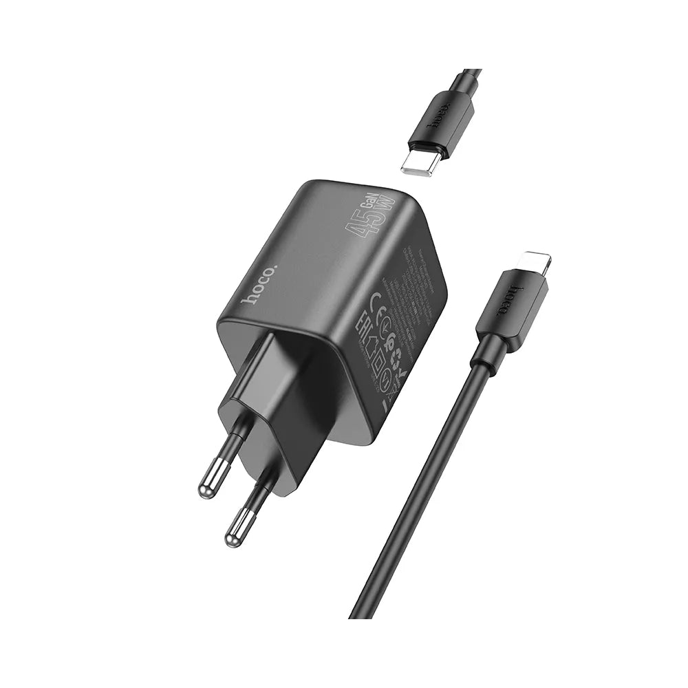 HOCO zidni punjač 2 x tip C + kabel tip C do Lightning PD QC 45W GaN N42 crni