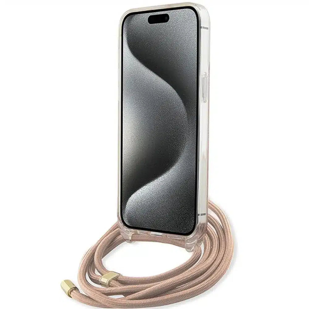 Originalna GUESS Hardcase GUHCP15LHC4SEP torbica za iPhone 15 Pro (Crossbody Cord 4G Print / pink)