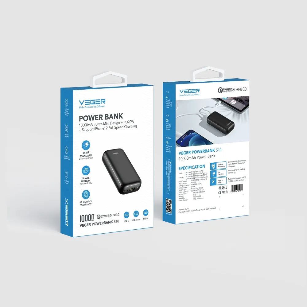 VEGER powerbank 10.000 mAh PD QC3.0 3A 20W S10 (W1135) crni