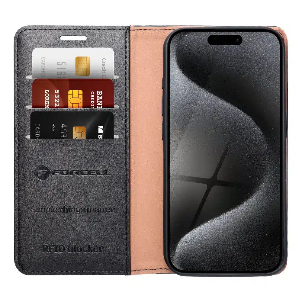 FORCELL F-PROTECT RFID Blocker preklopna futrola za iPhone 15 Plus crna