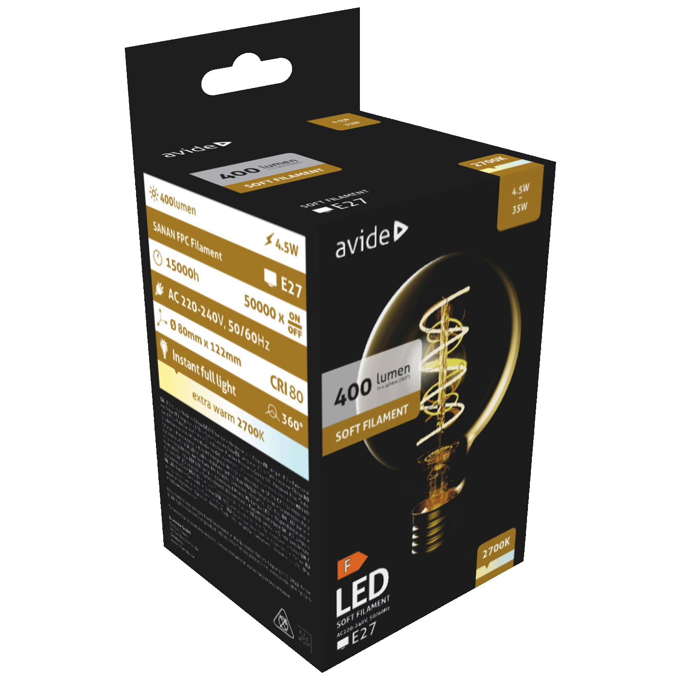 Avide Žarulja,LED,4.5W,E14,2700K,230V AC,topla bijela svjetlost - Soft Filament G80 4.5W E27