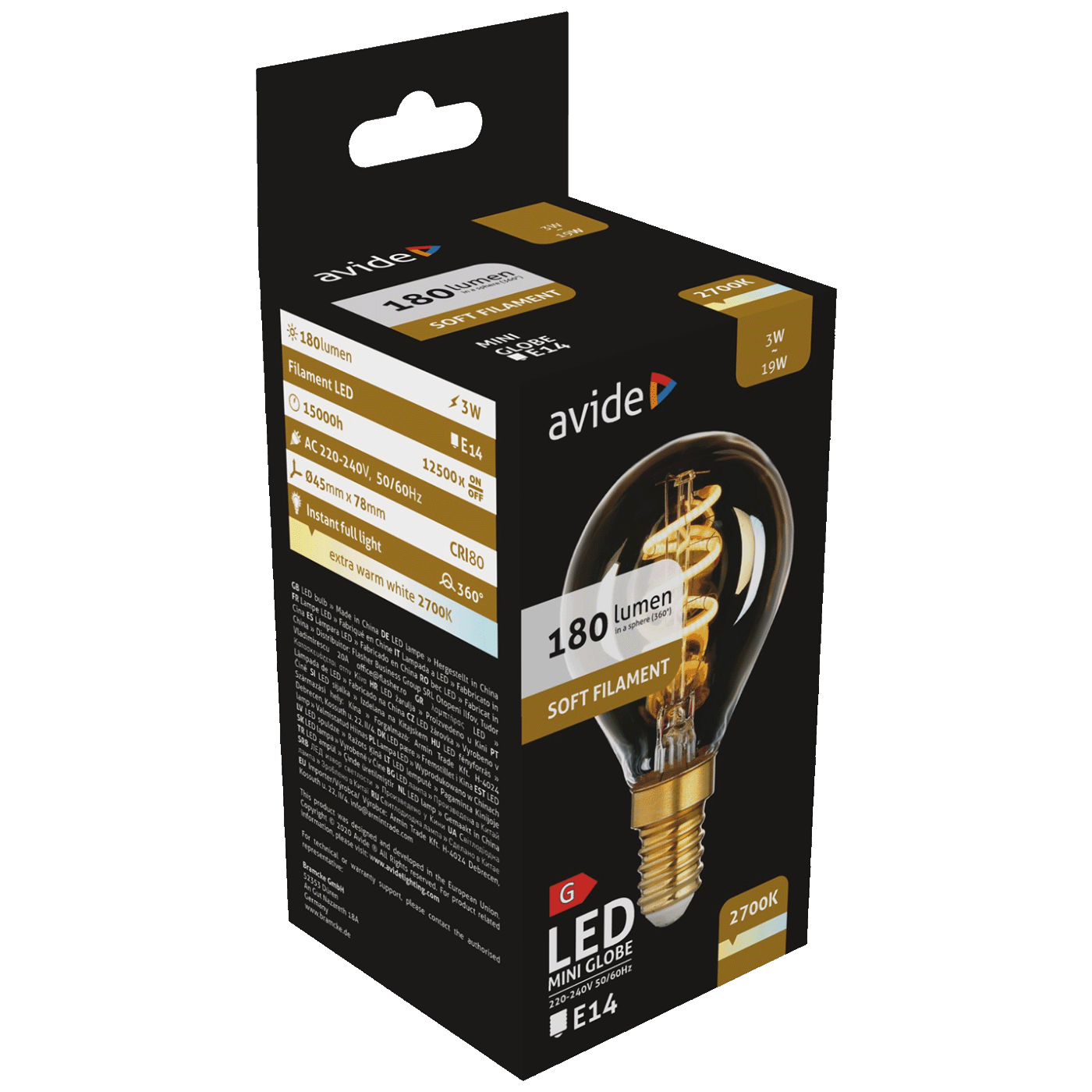 Avide Žarulja,LED,3W,E14,2700K,230V AC,topla bijela svjetlost - Soft Filament Mini Globe 3W E14