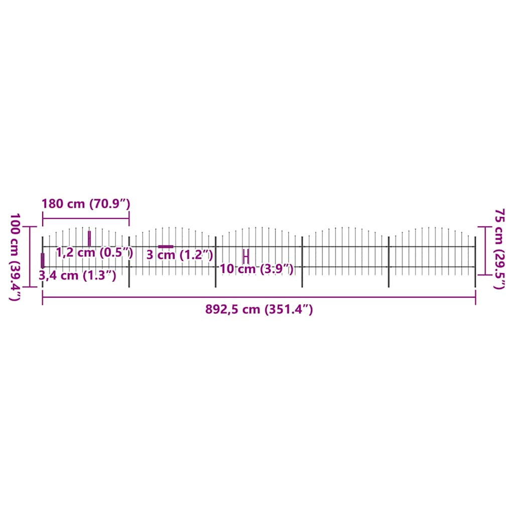 Vrtna ograda s vrhom koplja Čelik 892,5 x 100 cm Crna