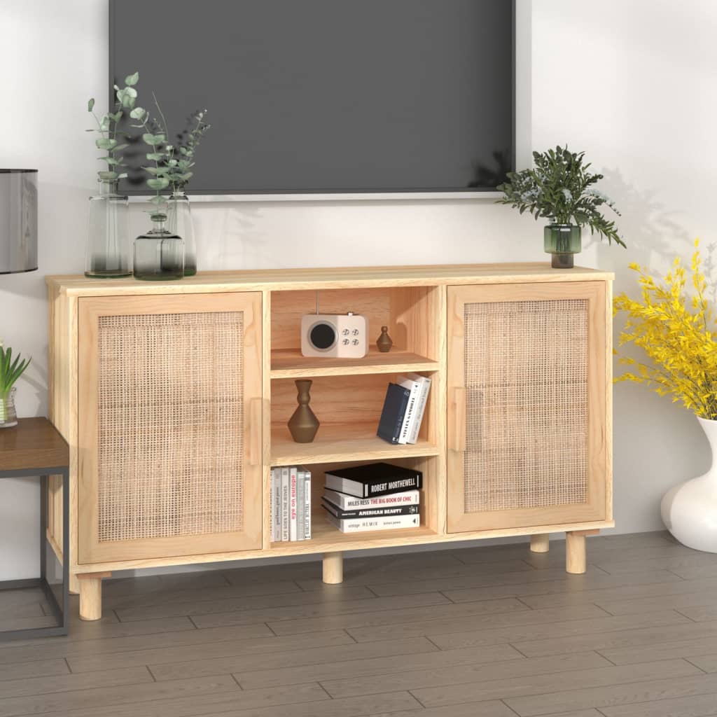 Komoda smeđa 105x30x60 cm masivna borovina i prirodni ratan