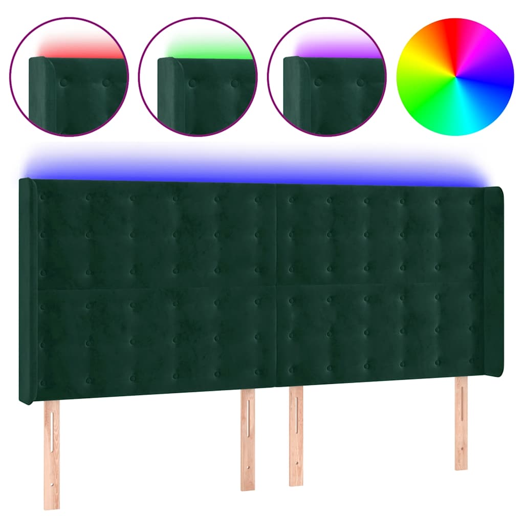 LED uzglavlje tamnozeleno 183 x 16 x 118/128 cm baršunasto