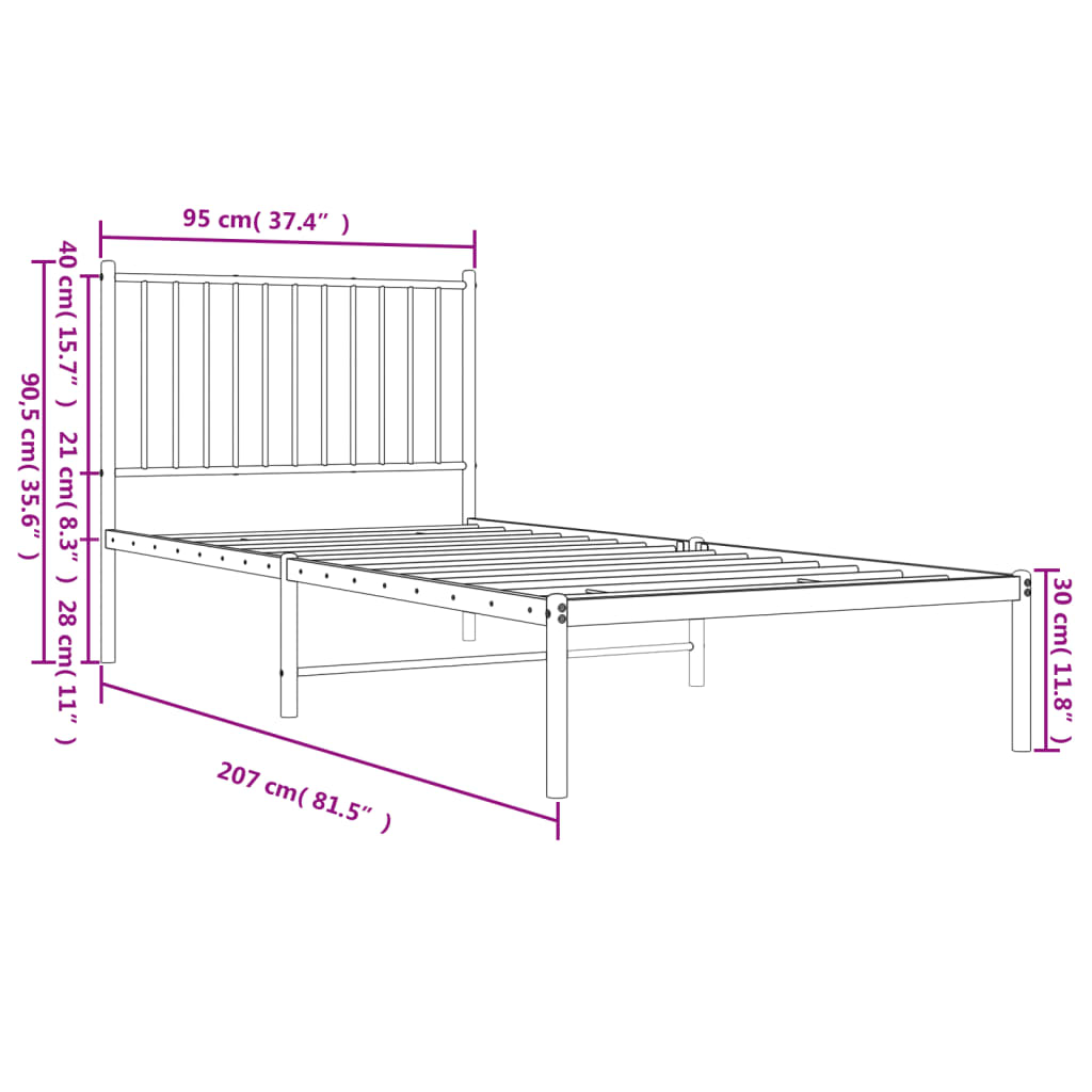 Metalni okvir za krevet s uzglavljem crni 90x200 cm
