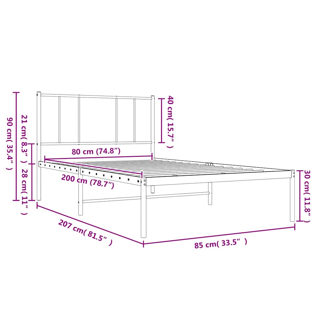 Metalni okvir za krevet s uzglavljem bijeli 80x200 cm