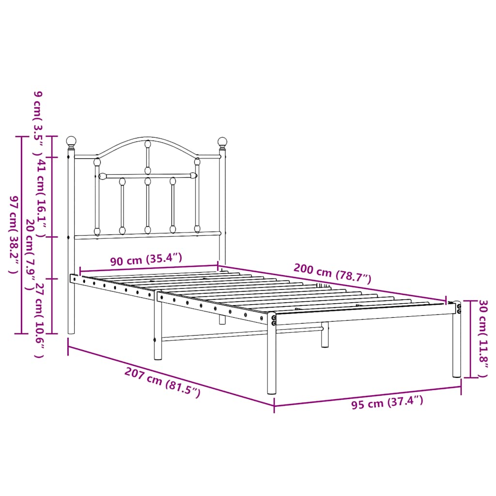 Metalni okvir za krevet s uzglavljem crni 90x200 cm