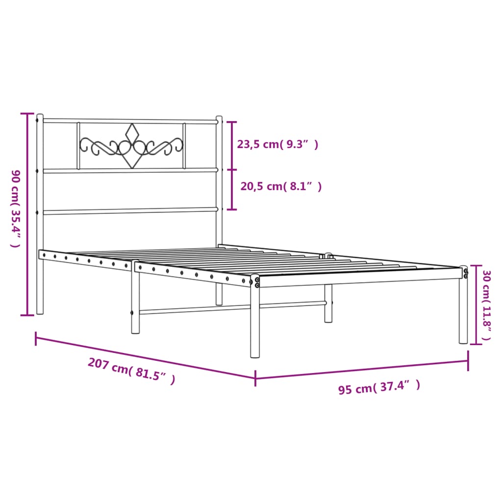Metalni okvir za krevet s uzglavljem crni 90x200 cm