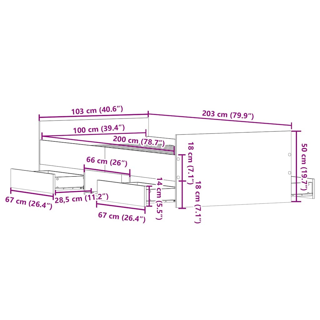Okvir kreveta s uzglavljem i podnožjem boja hrasta 100 x 200 cm