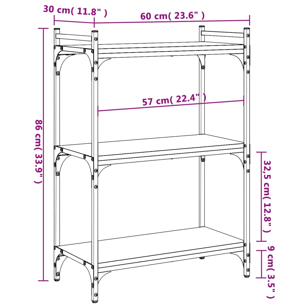 Regal za knjige s 3 razine boja hrasta 60x30x86 cm drveni
