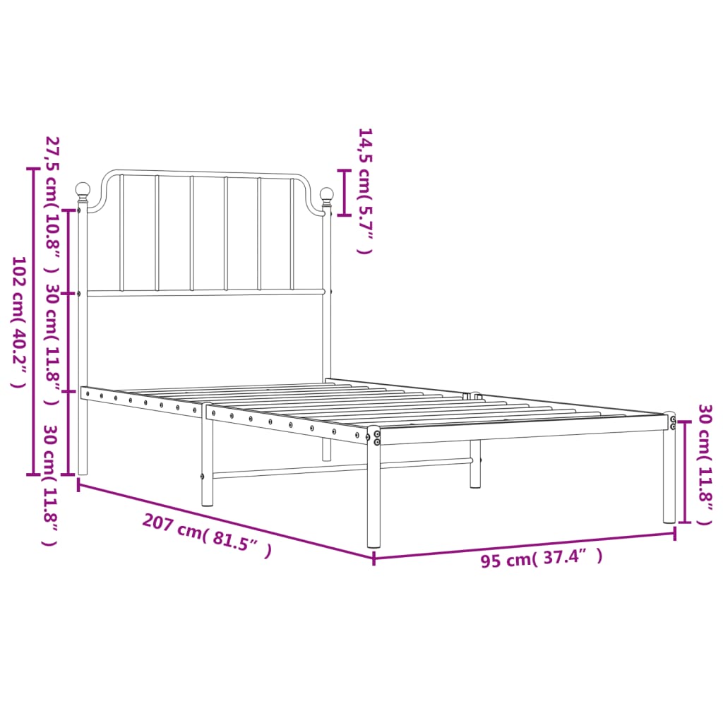 Metalni okvir za krevet s uzglavljem crni 90x200 cm