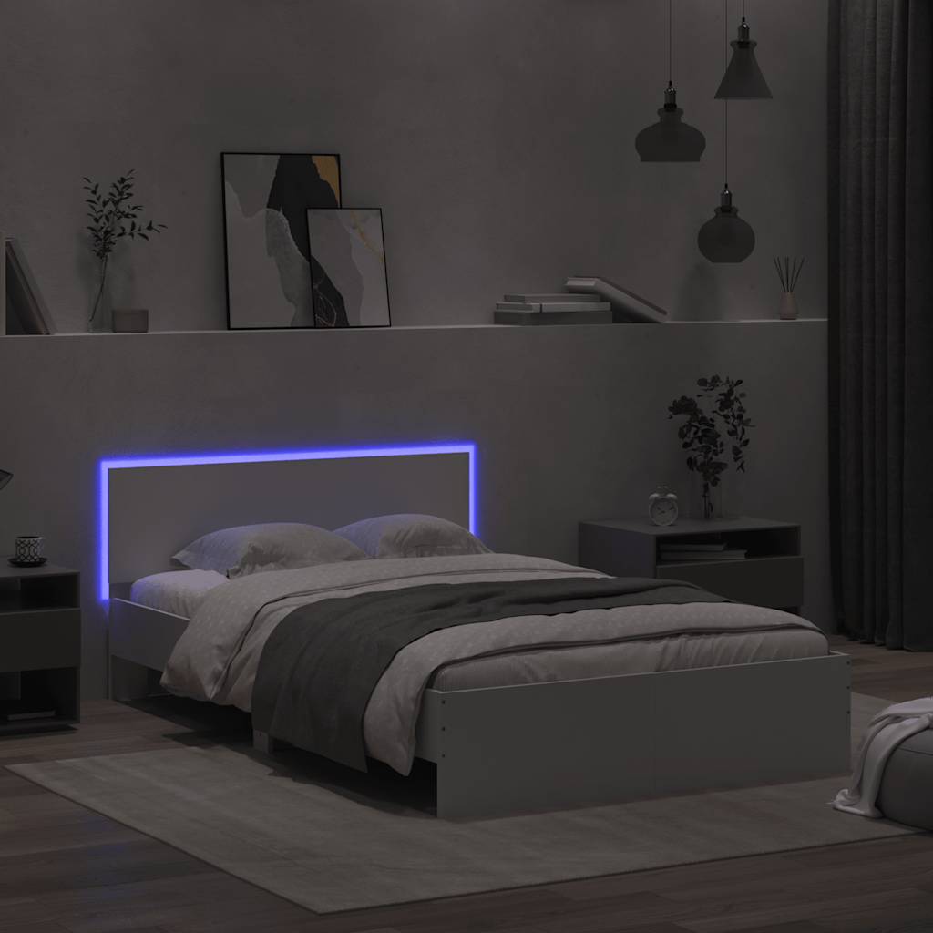 Okvir kreveta s uzglavljem i LED svjetlima bijeli 140 x 190 cm