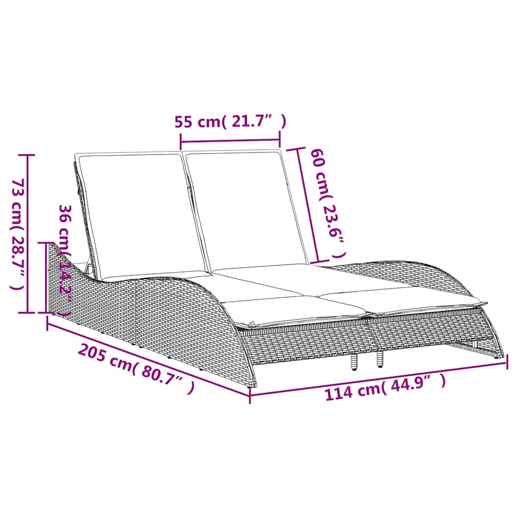 Ležaljka za sunčanje s jastucima smeđa 114x205x73 cm poli ratan