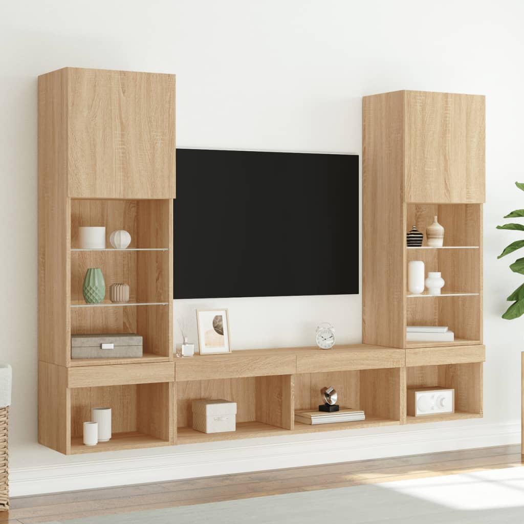 5-dijelni zidni TV elementi s LED svjetlima boja hrasta drveni