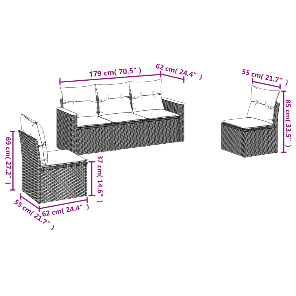 Vrtni set od 5 dijelova s jastucima, sivi poliratan