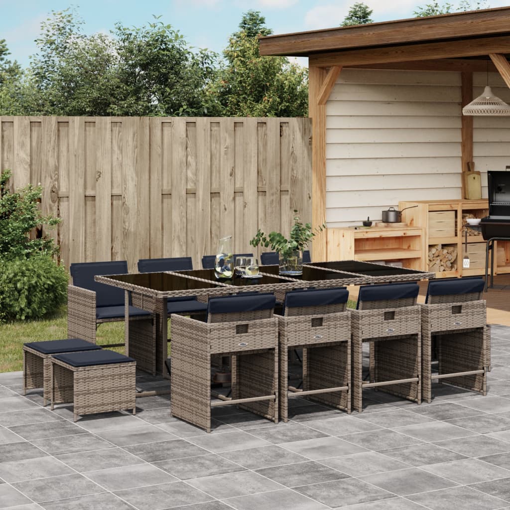 13-dijelni vrtni blagovaonski set s jastucima sivi poliratan