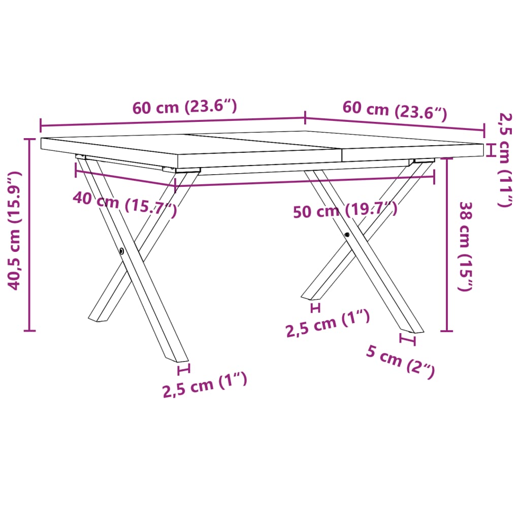 Stolić za kavu X-oblika 60x60x40,5 cm od borovine i čelik