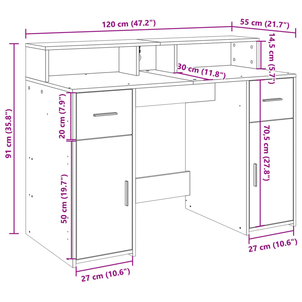 Radni stol s LED svjetlima siva boja hrasta 120x55x91 cm drveni