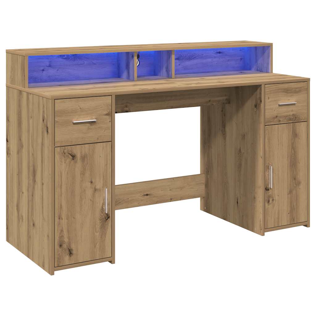 Radni stol s LED svjetlima boja hrasta 140x55x91 cm drveni