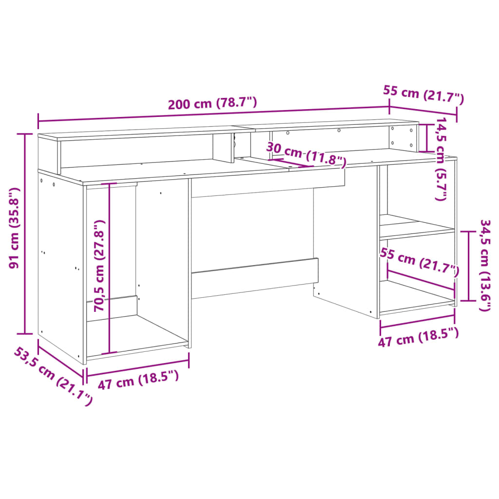 Radni stol s LED svjetlima siva boja hrasta 200x55x91 cm drveni