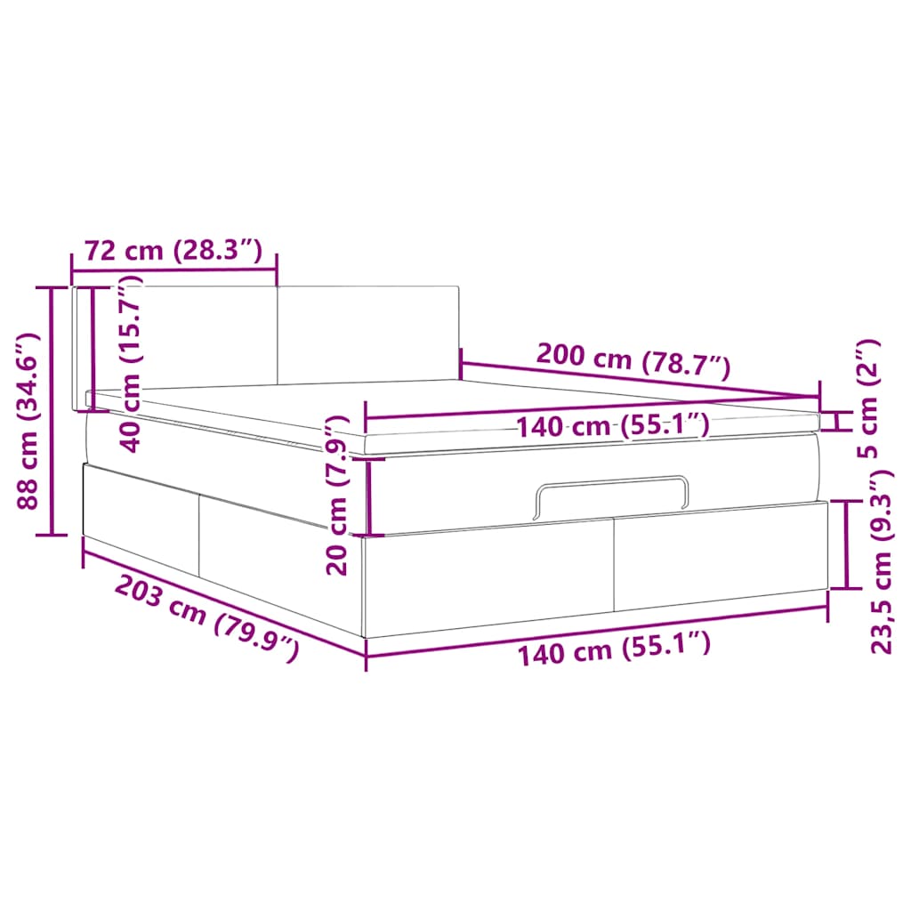Ottoman krevet s madracem i LED diodama tamnoplavi 140x200 cm baršun