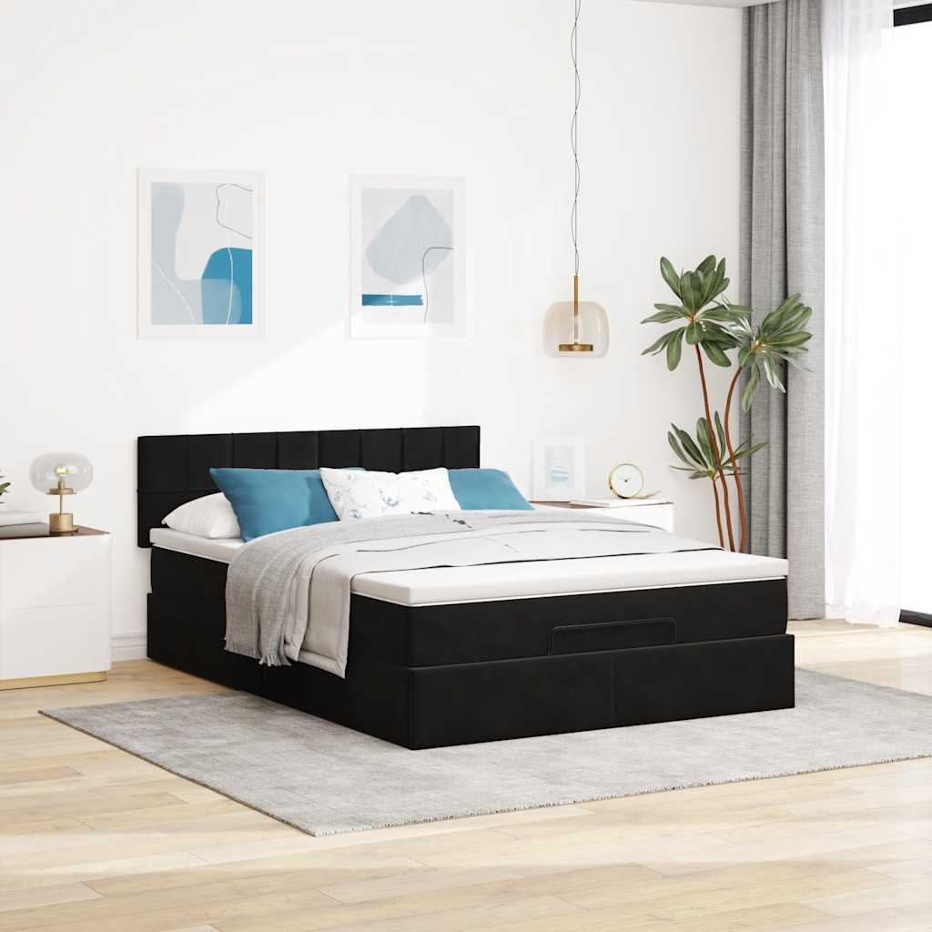 Ottoman krevet s madracem i LED diodama crni 140x200 cm baršun