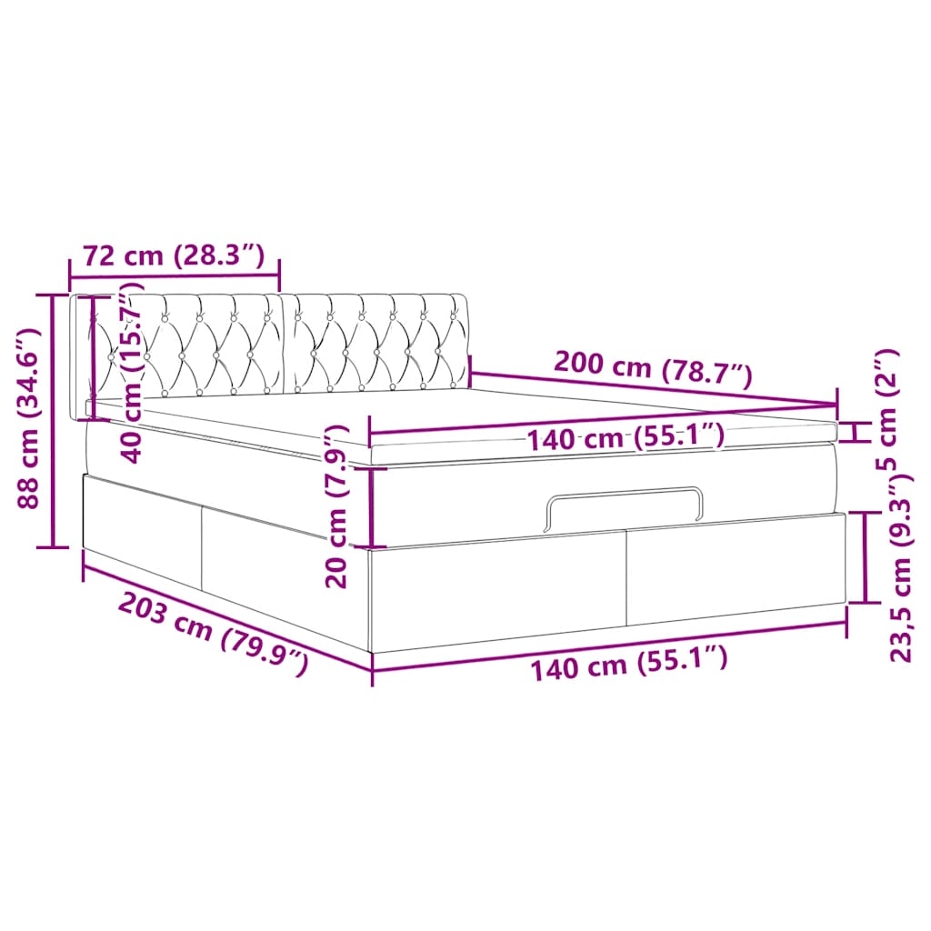 Ottoman krevet s madracem i LED diodama tamnoplavi 140x200 cm baršun