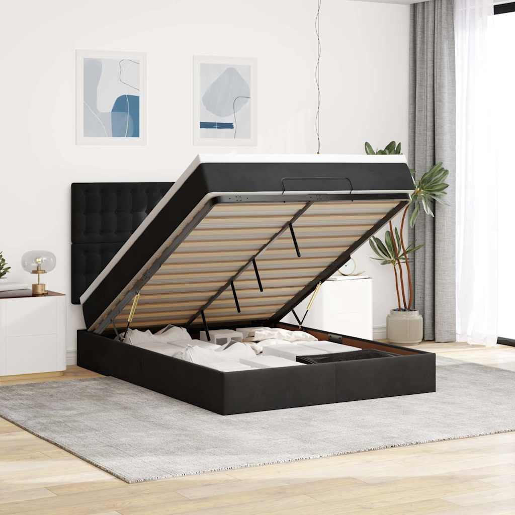Ottoman krevet s madracima i LED diodama crni 140x200 cm baršun