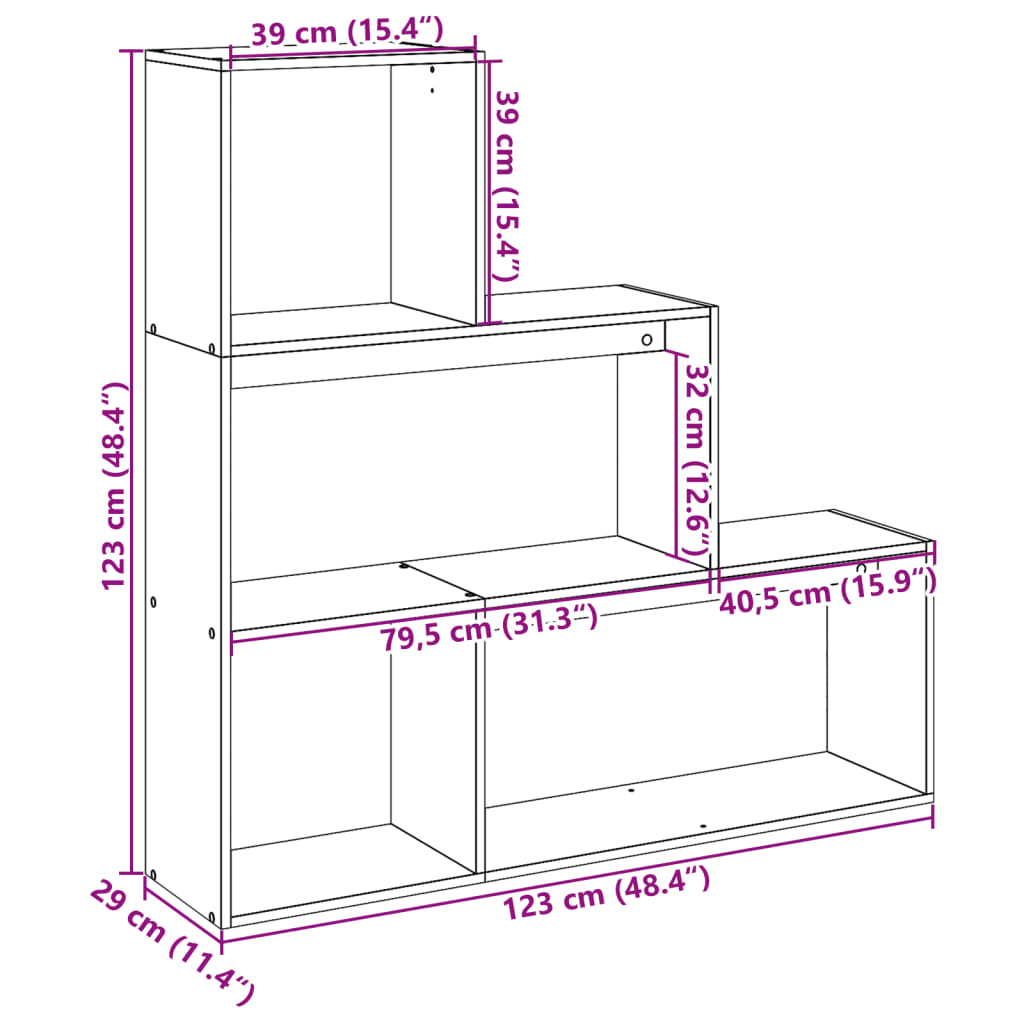 Sobna pregrada / regal za knjige 3 razina 123x29x123 cm drveni