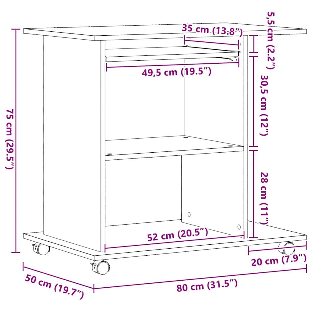 Računalni stol crni hrast 80x50x75 cm inženjerski drvo