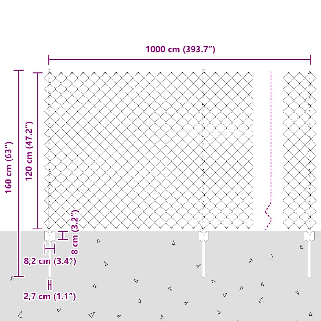 Ograda od lančanih veza s postom 10 x 1,2 m Srebrna Mreža