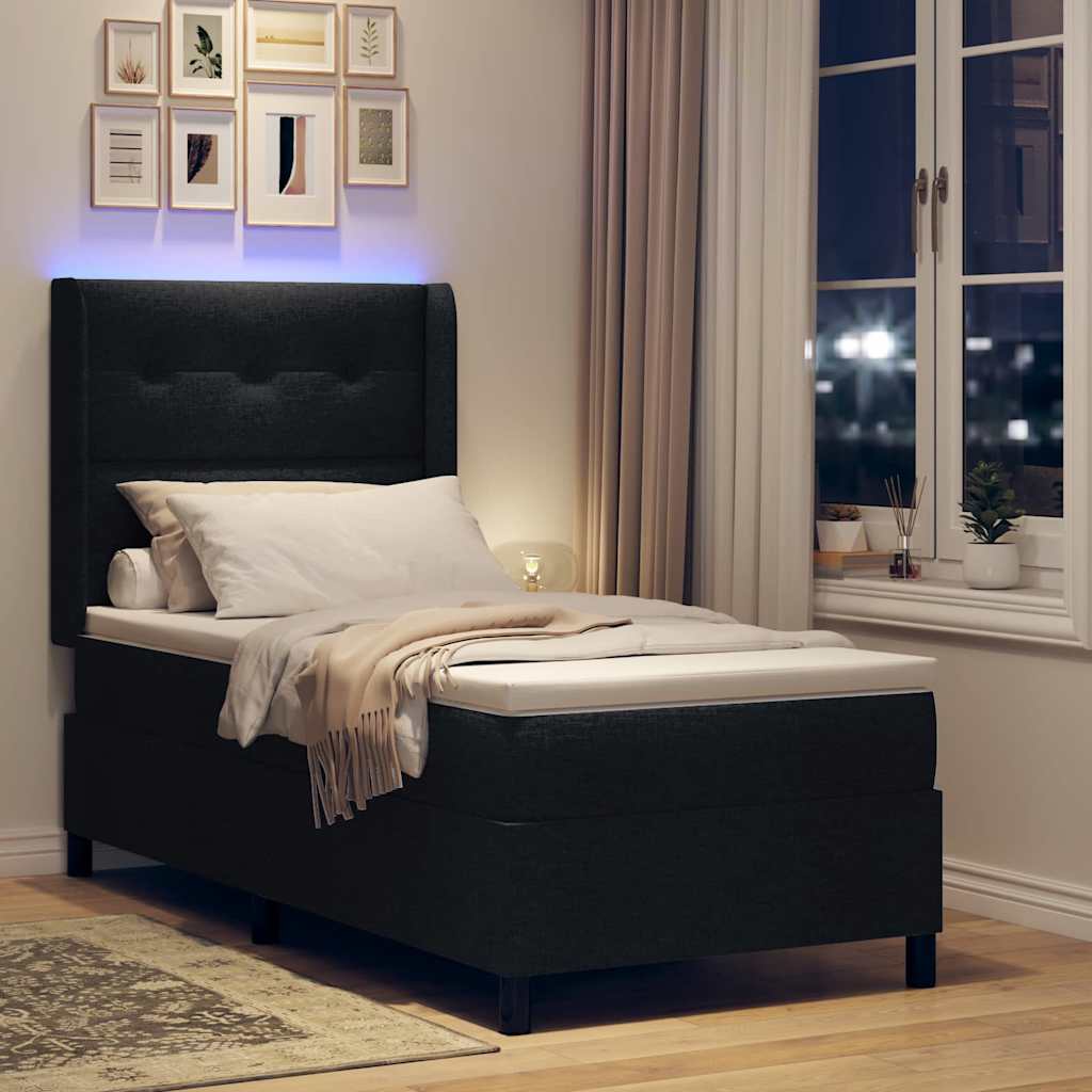 LED Box Spring Krevet s uzglavljem Crna 90 x 200 cm tkanina