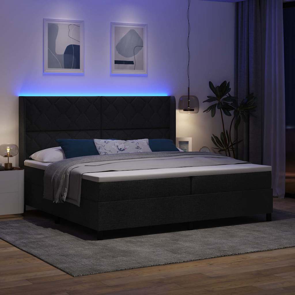 LED Box Spring Krevet s uzglavljem Crna 200 x 200 cm tkanina