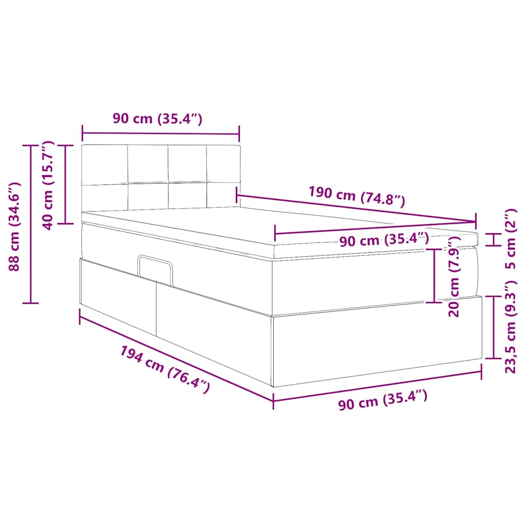 LED krevet za pohranu s madracem Crna 90 x 190 cm Baršun