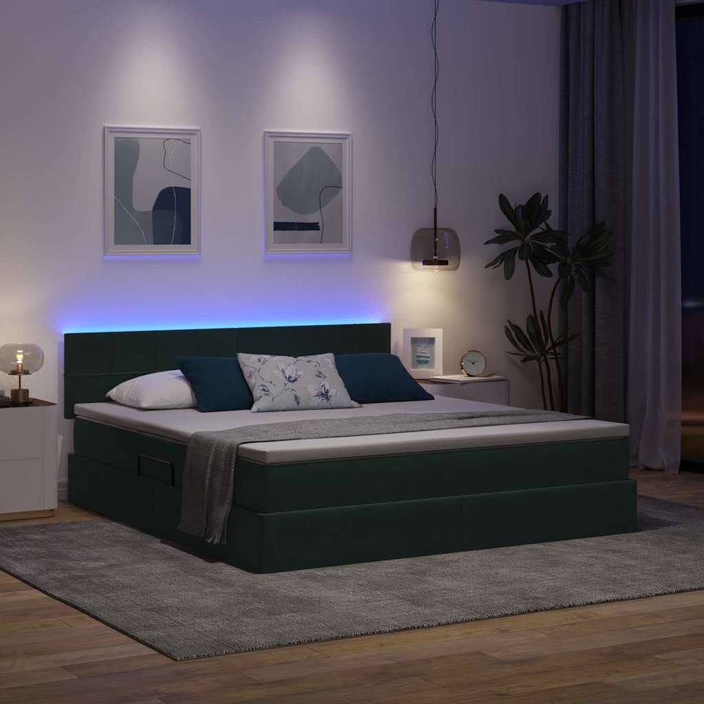 LED krevet za pohranu s madracem Tamnozelena 180 x 200 cm