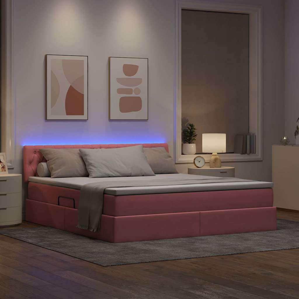 LED krevet za pohranu s madracem Ružičasta 160 x 200 cm Baršun